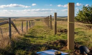 Fence posts being installed on a rural property before construction, representing the importance of confirming property boundaries with a boundary survey