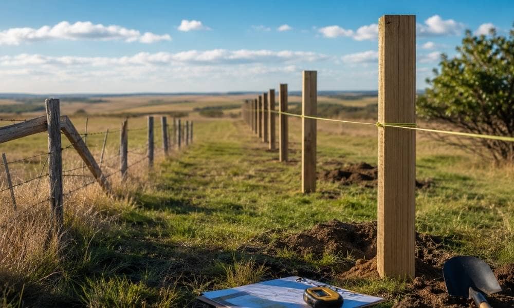 Fence posts being installed on a rural property before construction, representing the importance of confirming property boundaries with a boundary survey