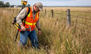 Land surveyor searching for a boundary marker on a rural property during a land survey