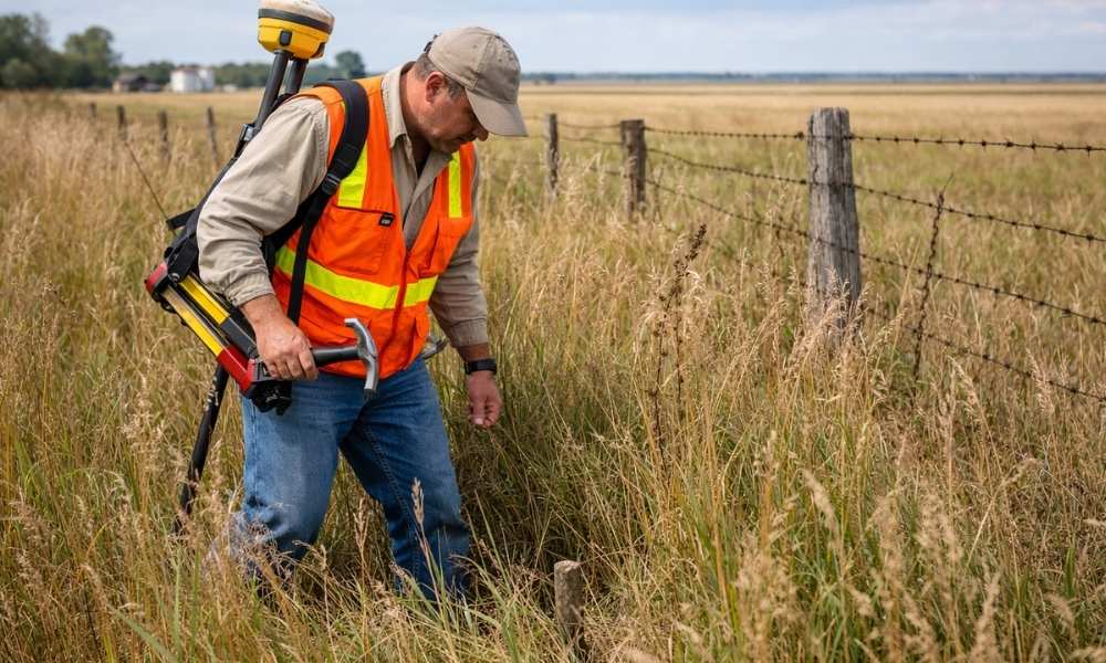 Land surveyor searching for a boundary marker on a rural property during a land survey