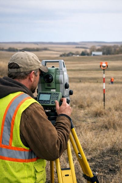 Land surveyor using a total station to collect field measurements during a land survey