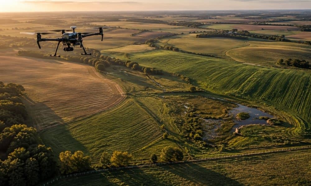 A survey drone flies above hundreds of acres of farmland, capturing rolling terrain, drainage features, and field boundaries for drone mapping