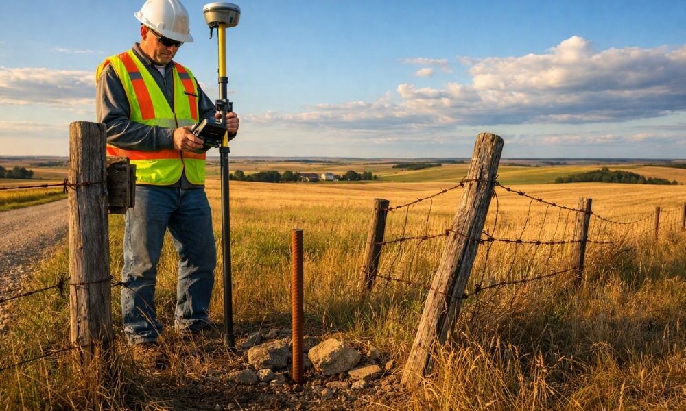 Surveyor marking a property corner during a boundary survey in North Dakota farmland