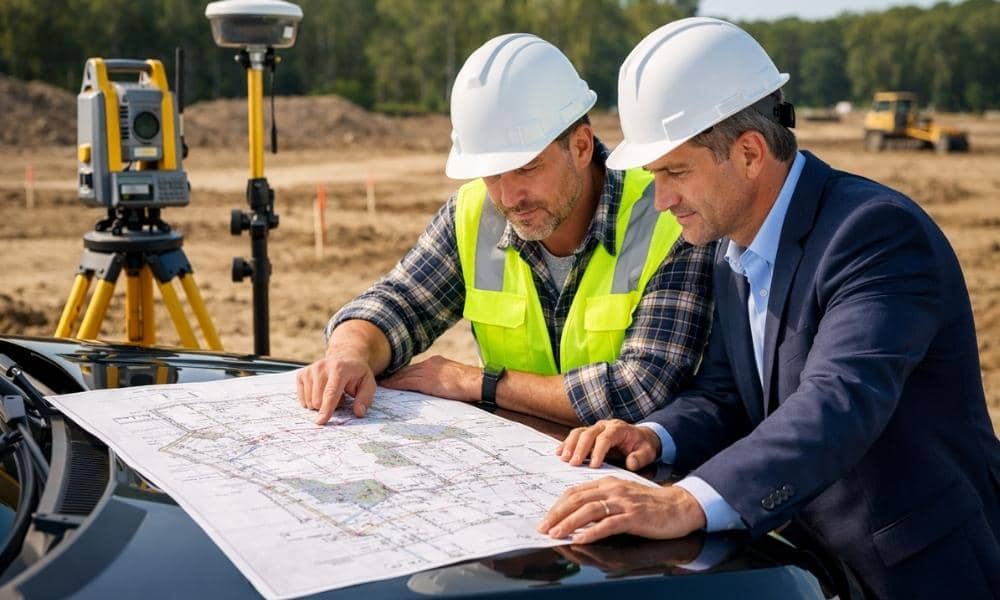 Surveyor and commercial developer reviewing an ALTA survey with Table A items during commercial site planning