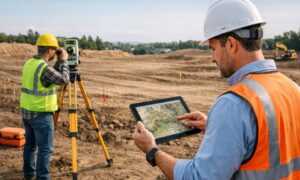 Civil engineer reviewing a topographic survey map while a surveyor measures a construction site before site design
