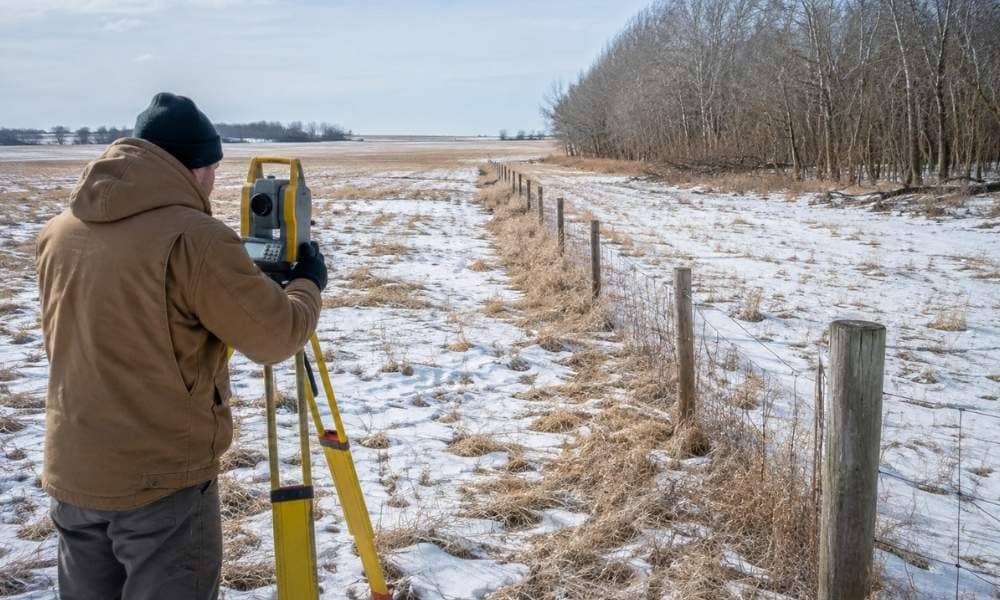 A surveyor performing a boundary survey on a rural North Dakota property during winter