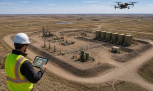 Drone mapping an oil and gas pad with tanks, berms, and access roads in North Dakota
