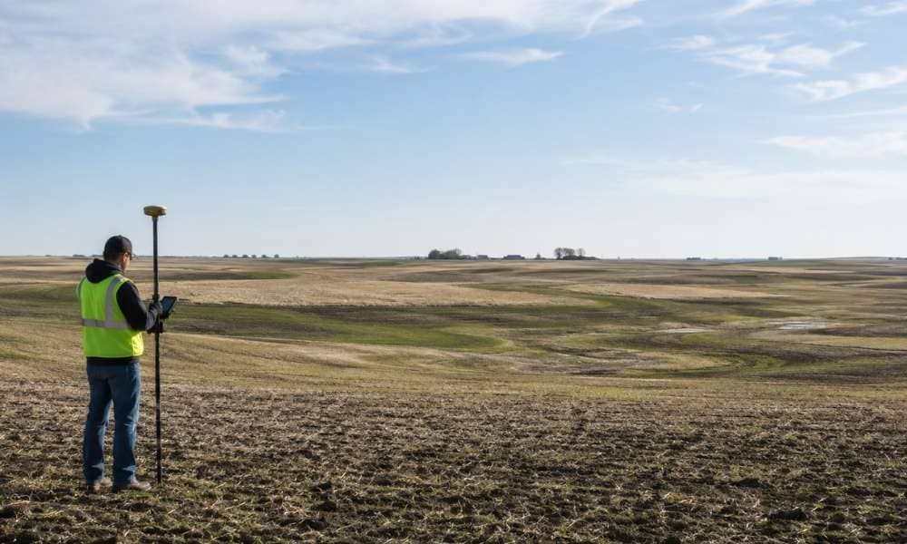 Surveyor performing a topo survey on a North Dakota farm field for drainage planning
